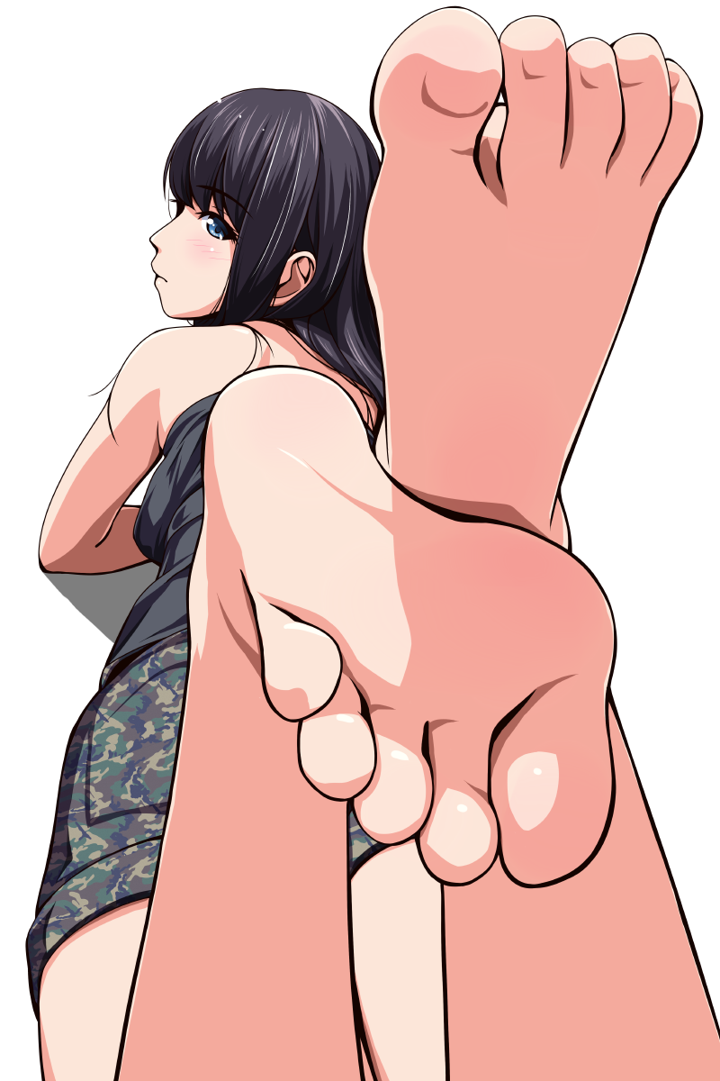1girl, bare_legs, bare_shoulders, barefoot, black_hair, blue_eyes, blush, camouflage, camouflage_shorts, closed_mouth, expressionless, eyebrows, eyebrows_visible_through_hair, feet, feet_up, foreshortening, from_behind, highres, legs_up, long_hair, looking_back, matsunaga_kouyou, original, pov_feet, profile, shorts, simple_background, soles, solo, strapless, the_pose, toes, tubetop, white_background