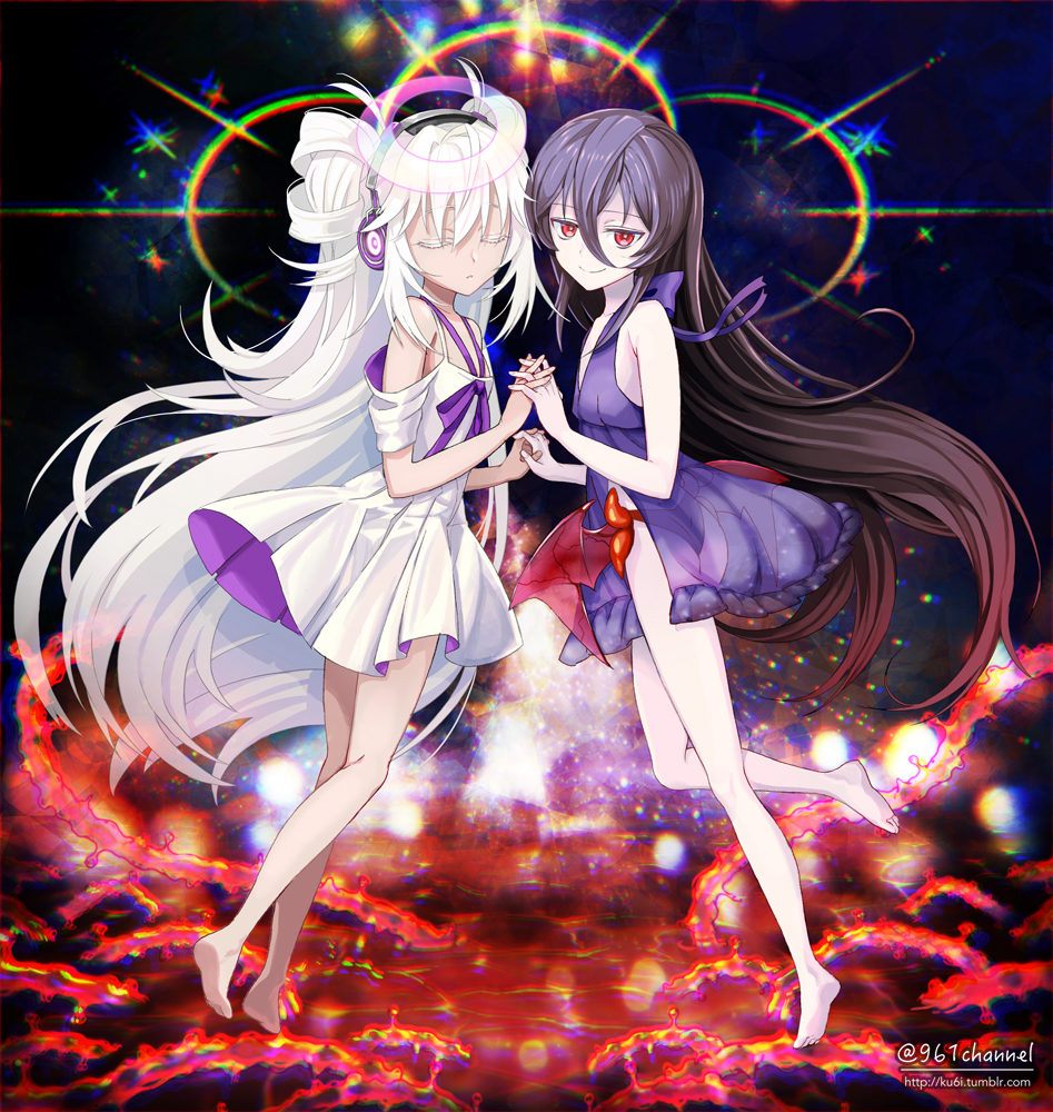 2girls, azathoth, bangs, bare_shoulders, black_hair, borrowed_character, bow, closed_eyes
