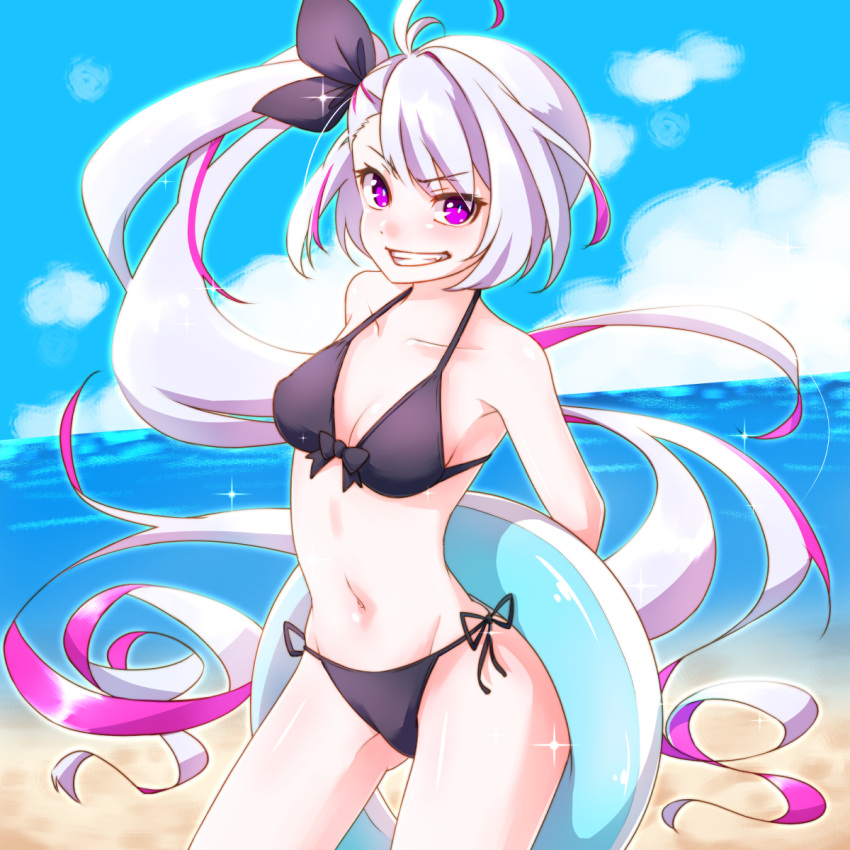1girl, beach, bikini, caro_(shironeko_project), gyuunyuukeepaa, highres, innertube, long_hair