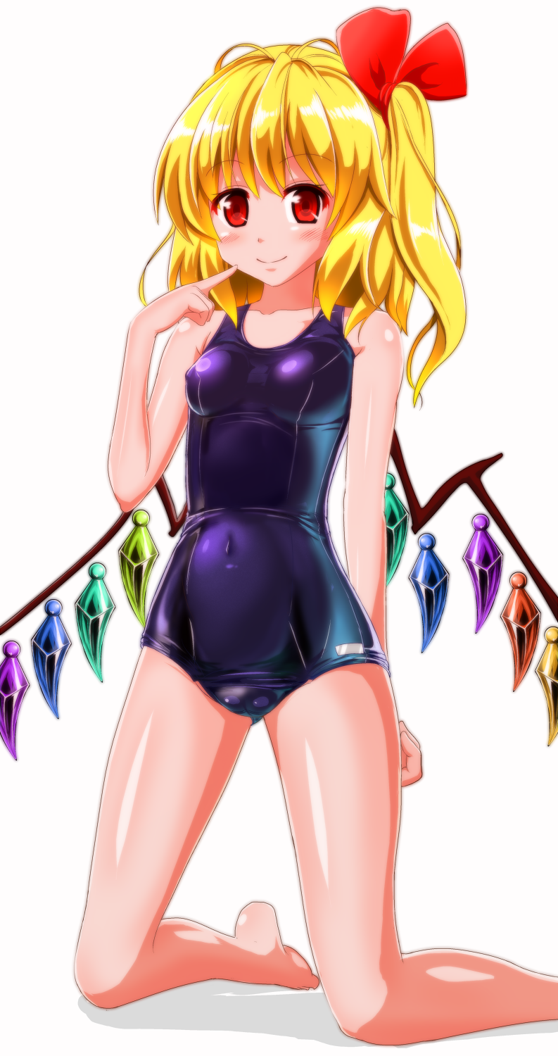1girl, blonde_hair, covered_navel, flandre_scarlet, highres, honda_takaharu, kneeling, one-piece_swimsuit