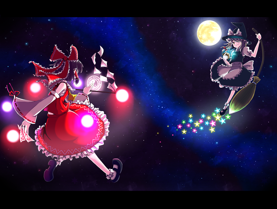 full_moon, hakurei_reimu, kirisame_marisa, moon, nagihara_rion, nagihara_rioto, night, star