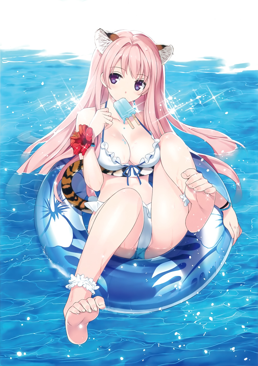 1girl, absurdres, animal_ears, anklet, barefoot, bikini, blue_eyes, bracelet
