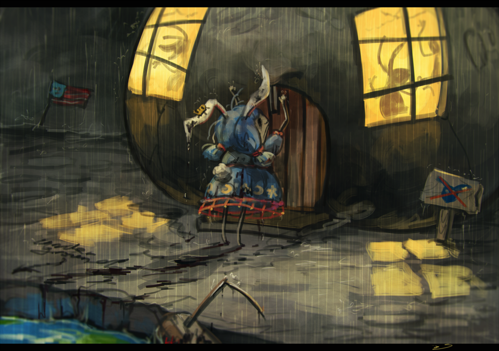 1girl, american_flag, animal_ears, blue_dress, blue_hair, bunny_tail, dress, ear_clip