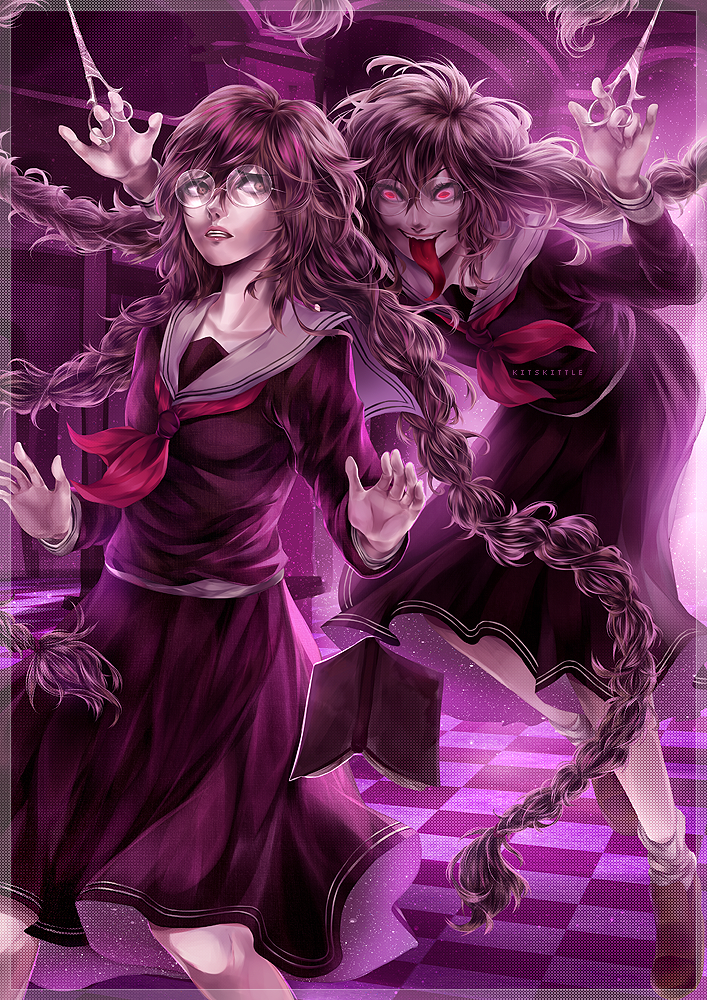 2girls, artist_name, book, braid, checkered, checkered_floor, collarbone, dangan_ronpa