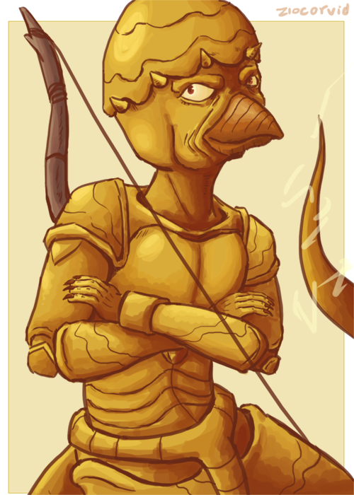 artist_name, beak, bow_(weapon), crossed_arms, jojo_no_kimyou_na_bouken, kristi_loo, no_humans, red_hot_chili_pepper_(stand)