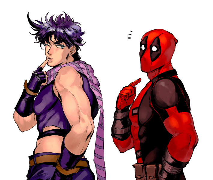 2boys, bodysuit, crossover, deadpool, finger_to_mouth, fingerless_gloves, from_behind, from_side