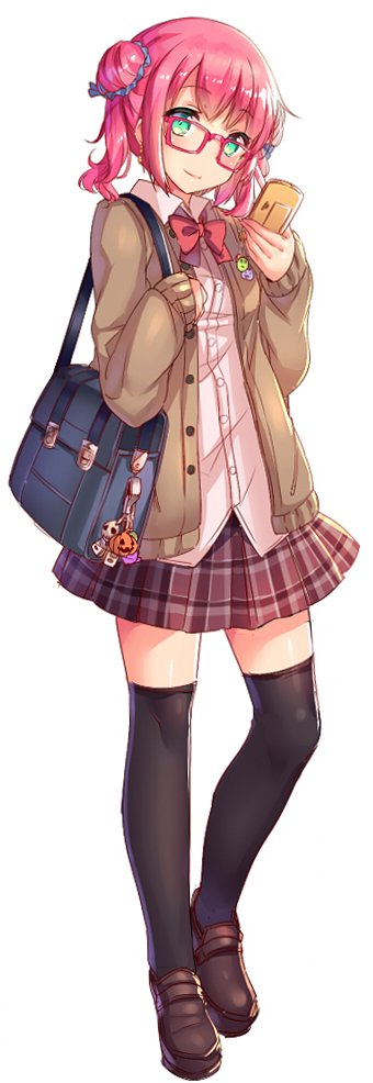 1girl, bag, bag_charm, black_legwear, cardigan, dorothy_(sennen_sensou_aigis), double_bun, full_body