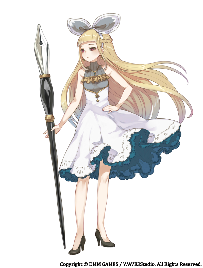1girl, bangs, blonde_hair, blunt_bangs, bow, braid, dmm, dress, earrings, frills, full_body, hair_bow, hand_on_hip, high_heels, jewelry, long_hair, looking_away, looking_to_the_side, nib_pen_(object), oversized_object, pen, pendant, sidelocks, simple_background, sleeveless, solo, standing, turtleneck, underbust, violet_eyes, watermark, white_background, youcapriccio, yuu_(higashi_no_penguin)