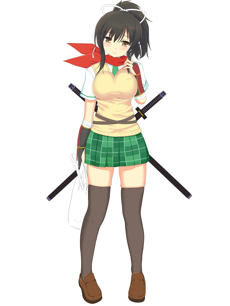 1girl, asuka_(senran_kagura), breasts, brown_eyes, brown_hair, gauntlets, hair_ribbon, large_breasts