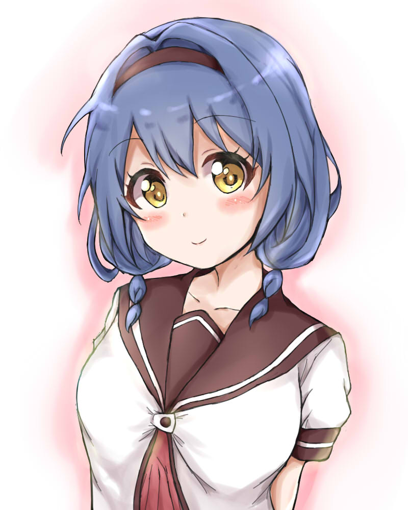 1girl, blue_hair, braid, breasts, collarbone, furutani_himawari, hair_intakes, hair_ornament, hairband, menma_(tmgdn), school_uniform, serafuku, smile, solo, twin_braids, yellow_eyes, yuru_yuri