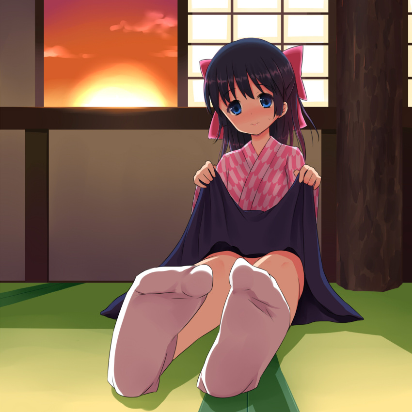 1girl, blush, bow, child, clouds, feet, hair_bow, indoors, kimono, long_hair, looking_at_viewer, on_floor, shiny, shiny_hair, sky, socks, solo, sun, tanuxu