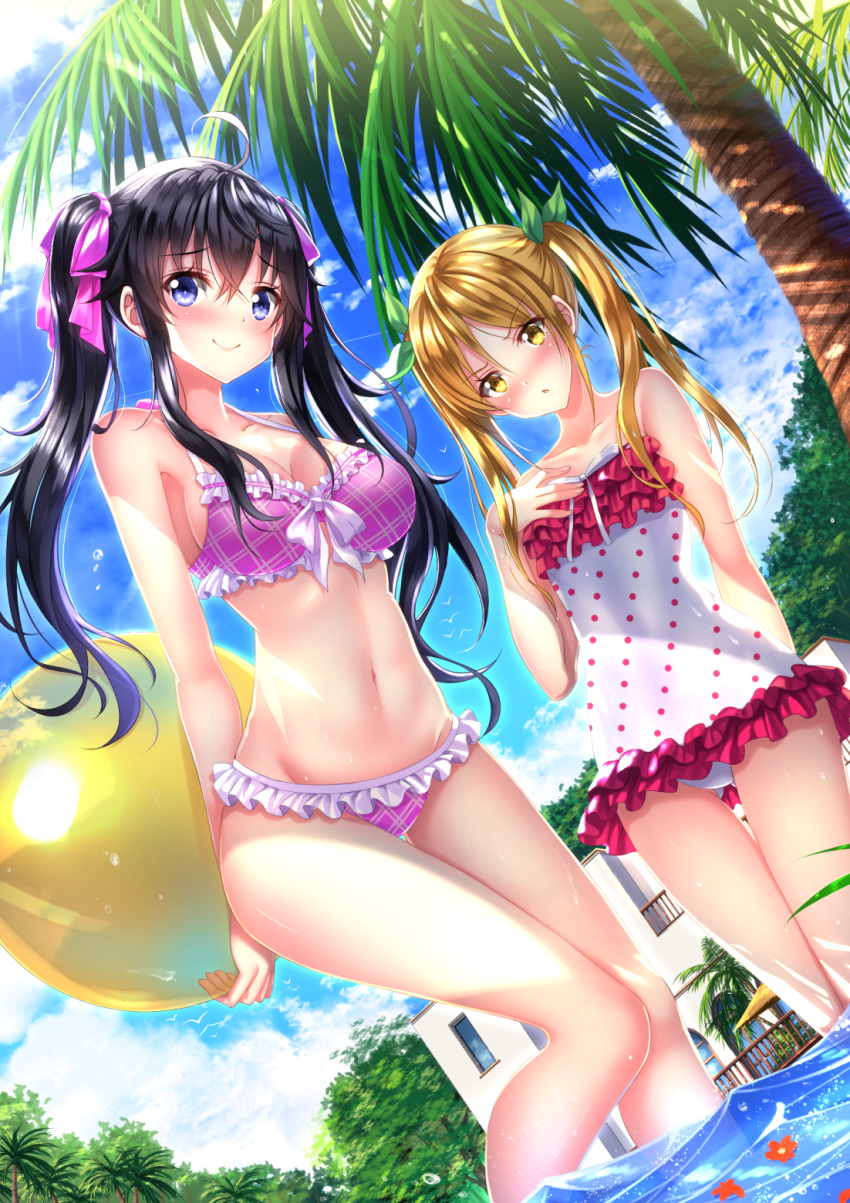2girls, ahoge, arms_behind_back, ball, bare_shoulders, beachball, bikini, black_hair