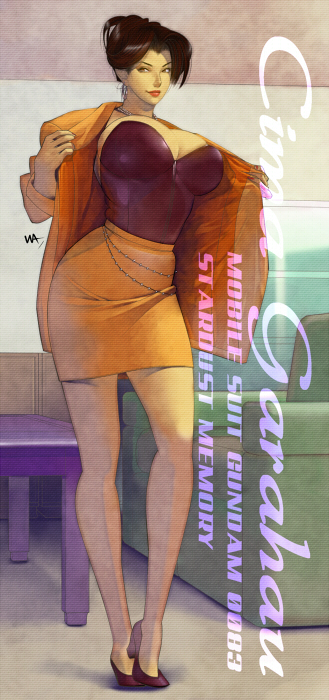 1girl, artist_name, breasts, brown_hair, bustier, character_name, cima_garahau, cleavage, full_body, gundam, gundam_0083, high_heels, indoors, jacket, large_breasts, legs, lips, looking_at_viewer, mature, miniskirt, open_clothes, open_jacket, pencil_skirt, skirt, solo, standing, wakino_keibun
