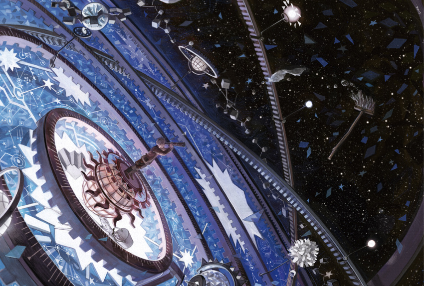 broom, bucket, glass, planet, planetary_ring, shimetta_oshime, short_hair, stairs