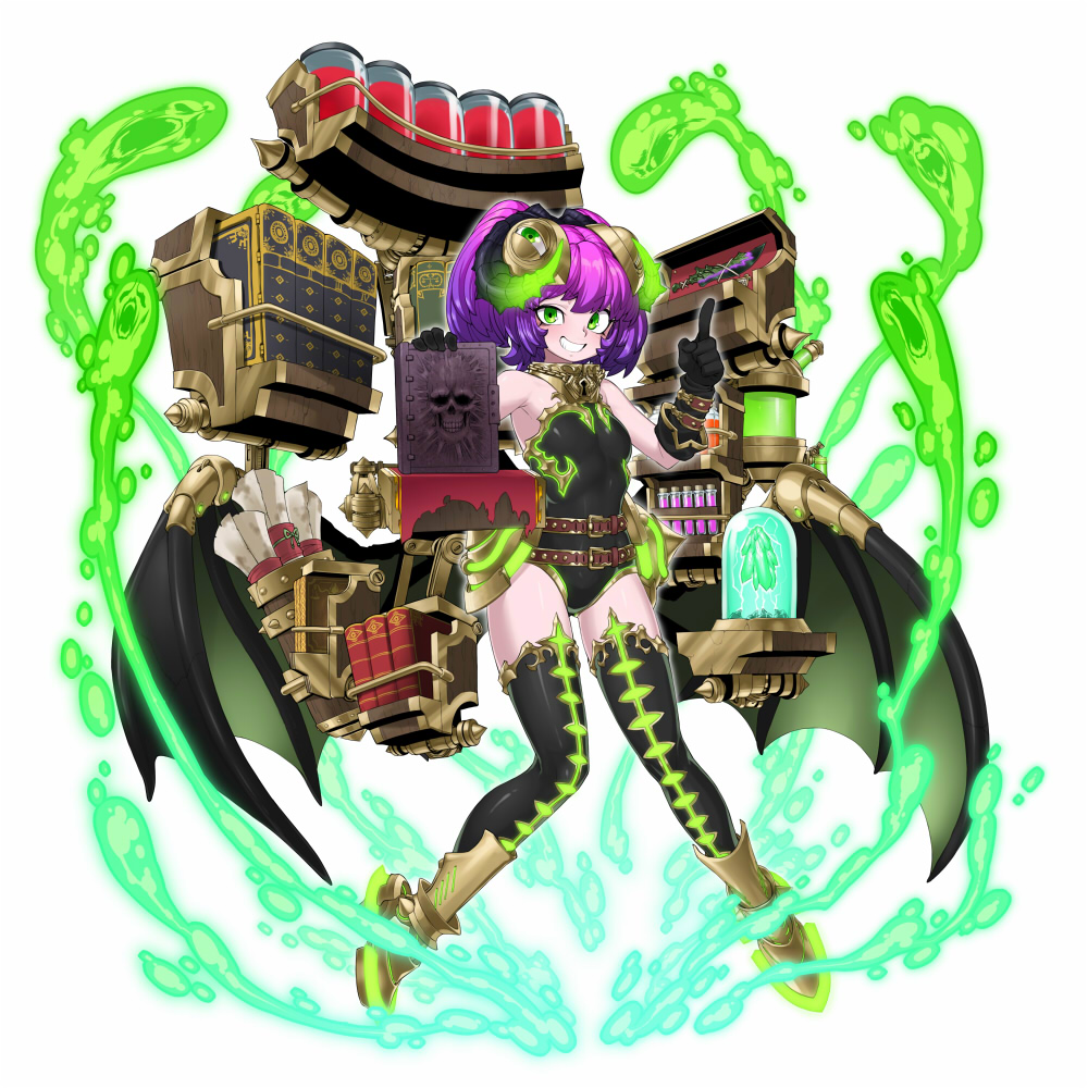 1girl, black_gloves, black_legwear, black_wings, book, character_request, choker, demon_girl, demon_horns, demon_wings, extra_eyes, fire, full_body, gloves, green_eyes, green_fire, grimoire, grin, horns, keyhole, leotard, low_wings, purple_hair, smile, solo, space_jin, thigh-highs, tokyo_tenma, tokyo_tenma:_devil_slave, two_side_up, wings