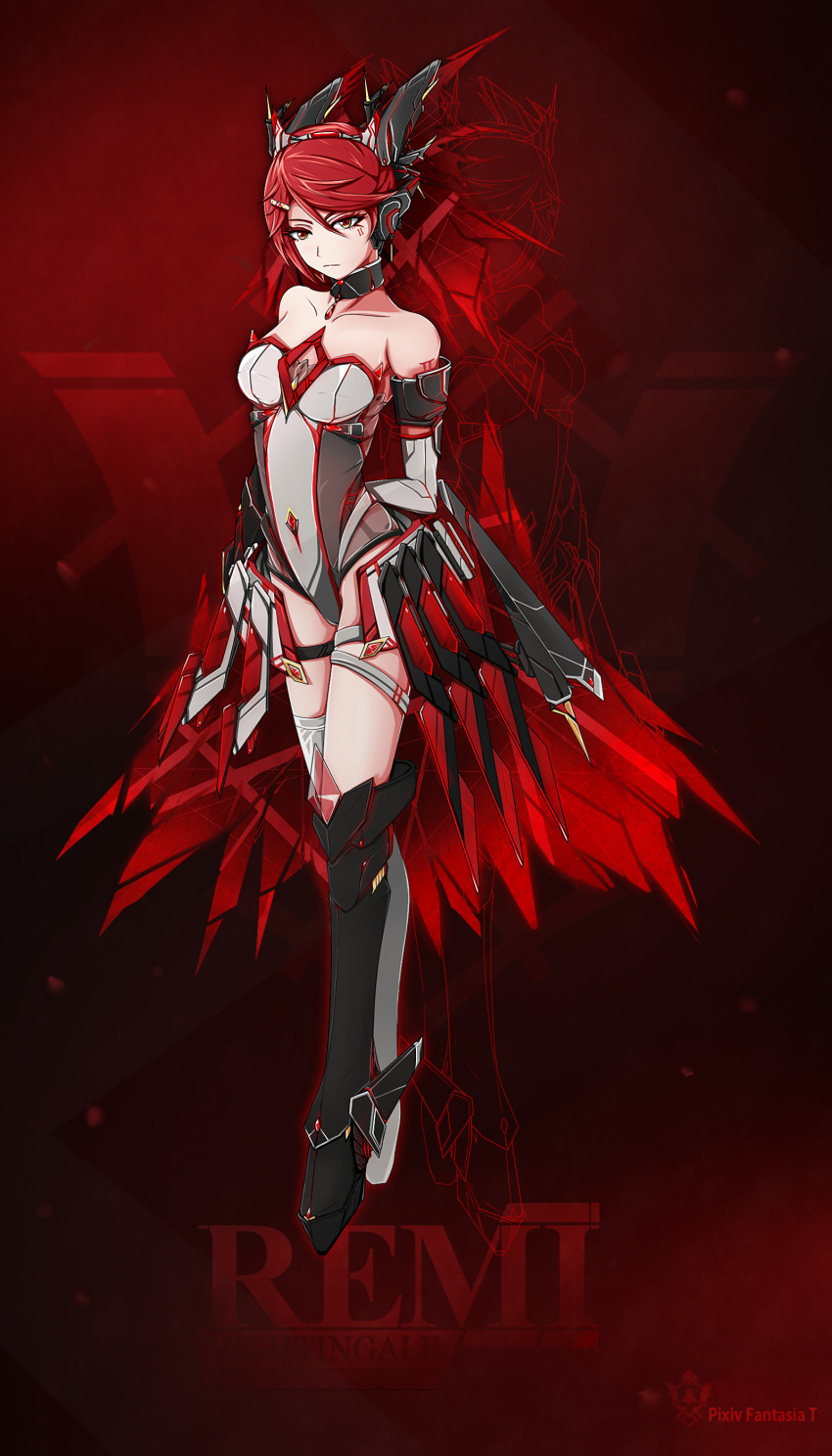1girl, absurdres, bodysuit, boots, breasts, choker, detached_sleeves, facial_mark