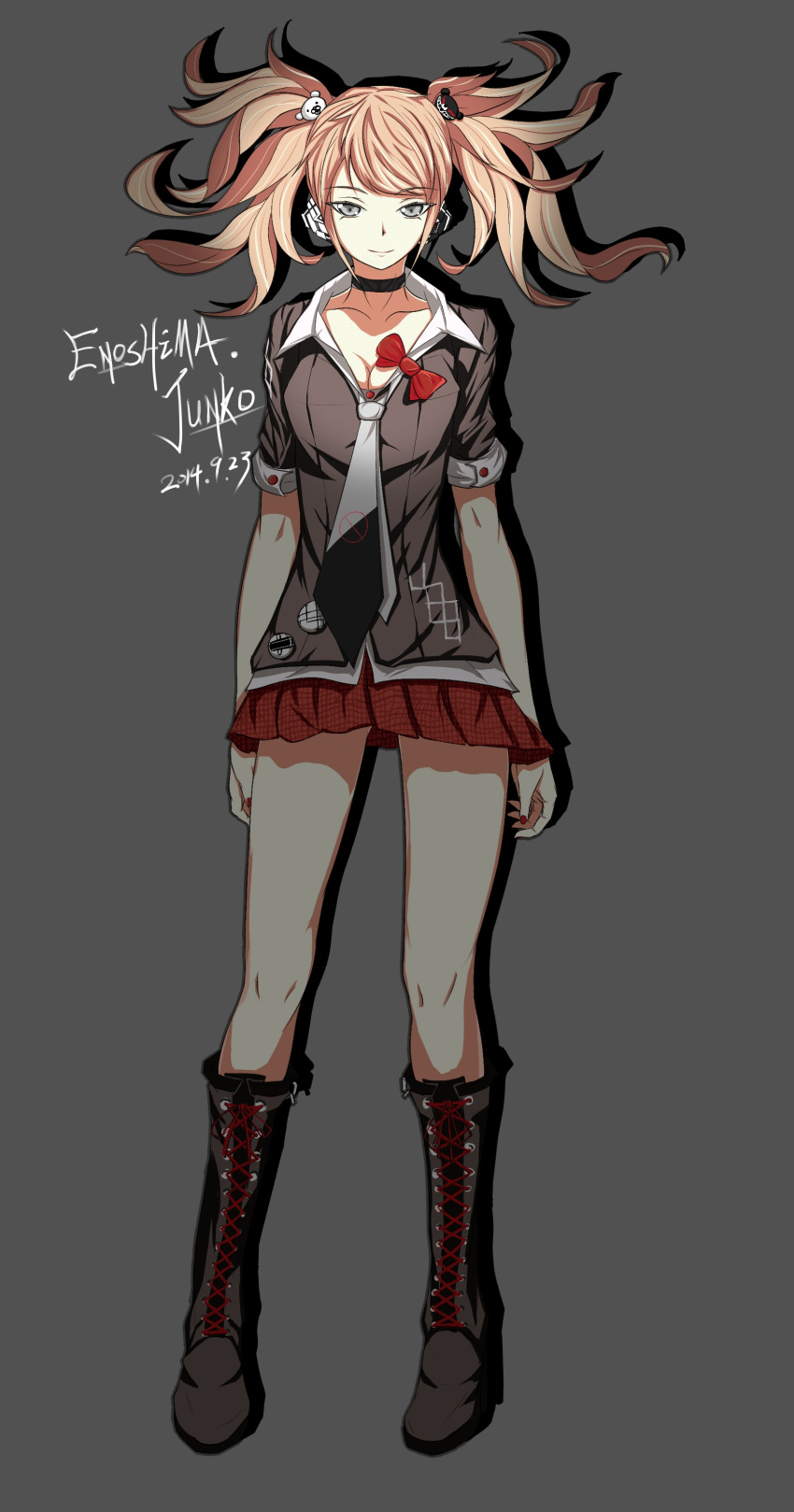 1girl, absurdres, blonde_hair, boots, breasts, character_name, choker, cleavage