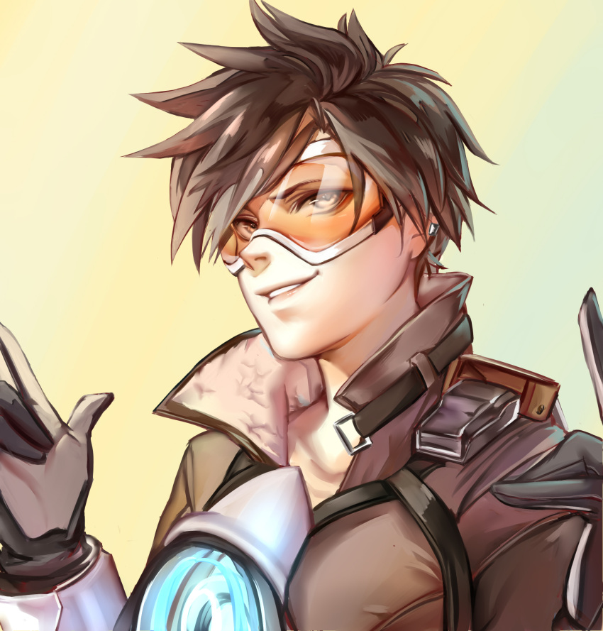 1girl, breasts, brown_hair, ear_piercing, gloves, goggles, highres, jacket