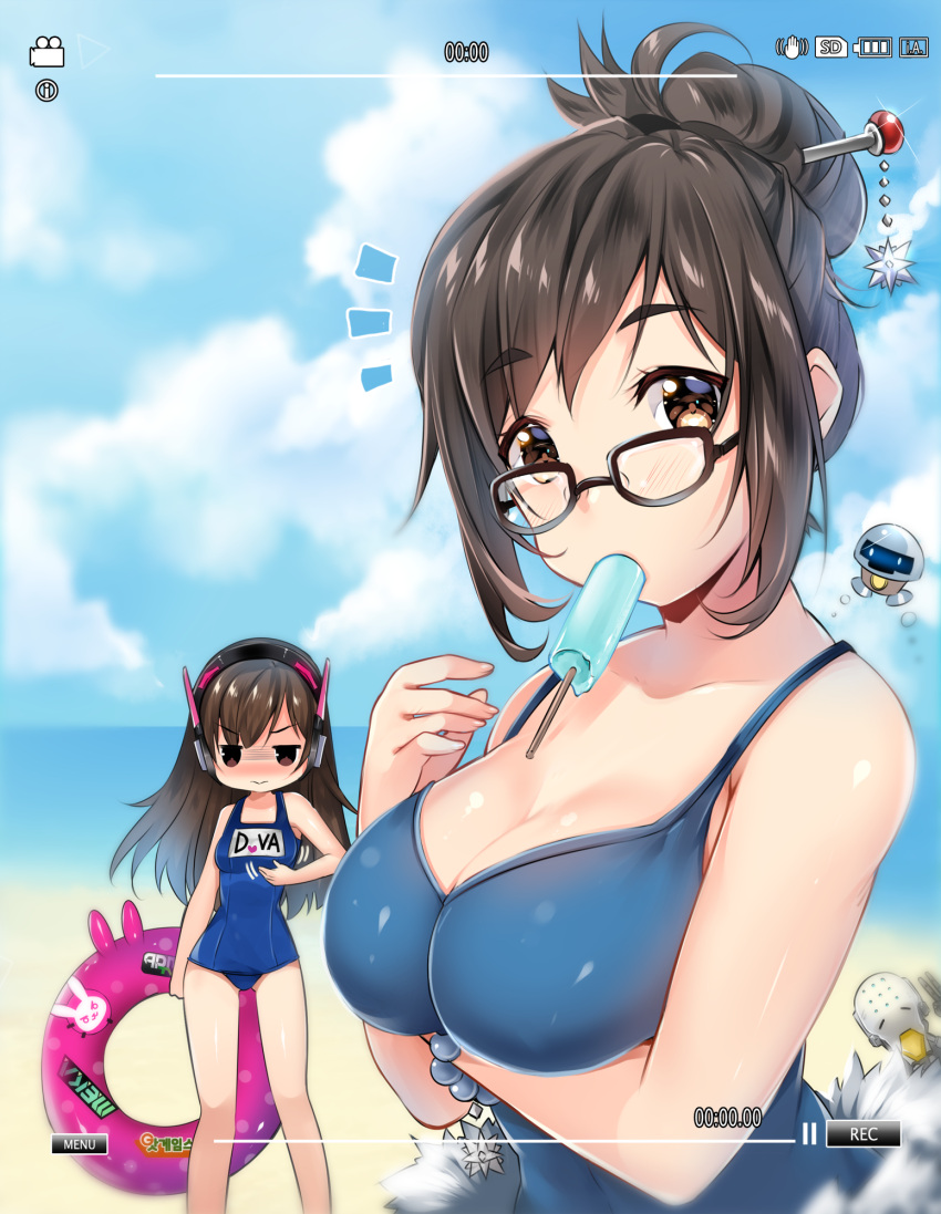 1boy, 2girls, beach, beads, bracelet, breast_envy, breast_hold, breasts