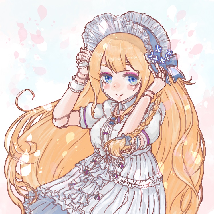 1girl, adjusting_headwear, bad_id, bisque_(monster_musume), blonde_hair, blue_eyes, braid, chin_strap