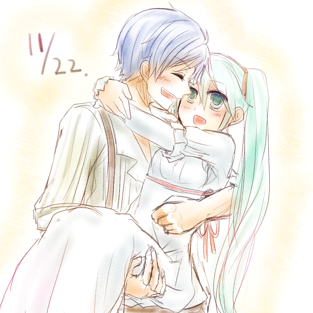 1boy, 1girl, aqua_eyes, aqua_hair, blue_hair, carrying, couple, dress, evillious_nendaiki, hair_ribbon, hands_clasped, hatsune_miku, hug, husband_and_wife, kaito, laughing, long_hair, majo_salmhofer_no_toubou_(vocaloid), moonlit_bear_(vocaloid), open_clothes, open_shirt, princess_carry, ribbon, seasnow, shirt, short_hair, smile, stripped, suspenders, twintails, very_long_hair, vocaloid, white_dress