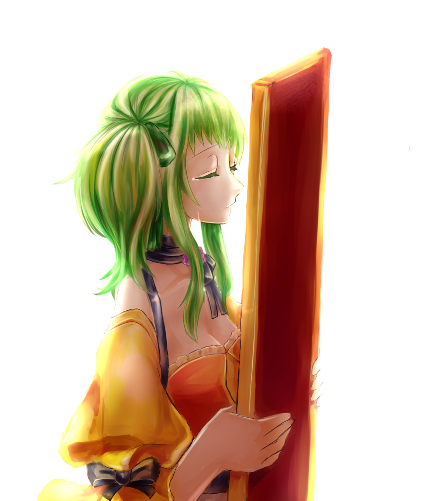 1girl, bare_shoulders, black_ribbon, breasts, choker, cleavage, closed_eyes, crying