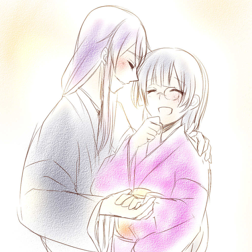 1boy, 1girl, alternate_hair_color, black_hair, couple, cousins, enbizaka_no_shitateya_(vocaloid), good_end, gradient, gradient_background, hand_holding, hime_cut, husband_and_wife, japanese_clothes, kamui_gakupo, kimono, long_hair, megurine_luka, monocle, purple_hair, seasnow, spoilers, very_long_hair, vocaloid, what_if