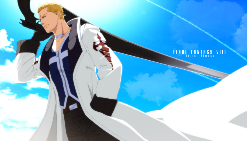 1boy, aya_(pixiv73672), blonde_hair, blue_eyes, character_name, clouds, coat, copyright_name