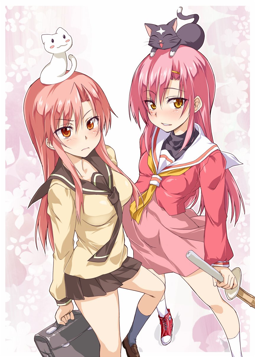 2girls, bag, blush, cat, crossover, hayate_no_gotoku!, highres, katsura_hinagiku
