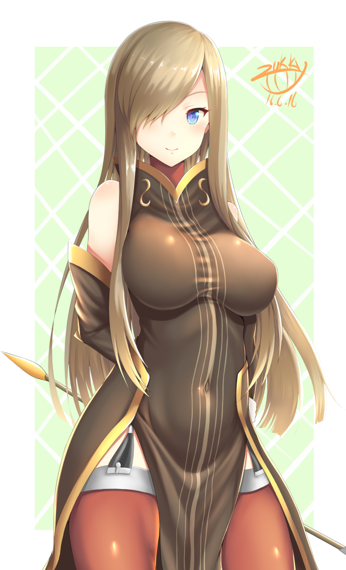 1girl, 2016, arms_behind_back, bare_shoulders, blonde_hair, blue_eyes, breasts, closed_mouth