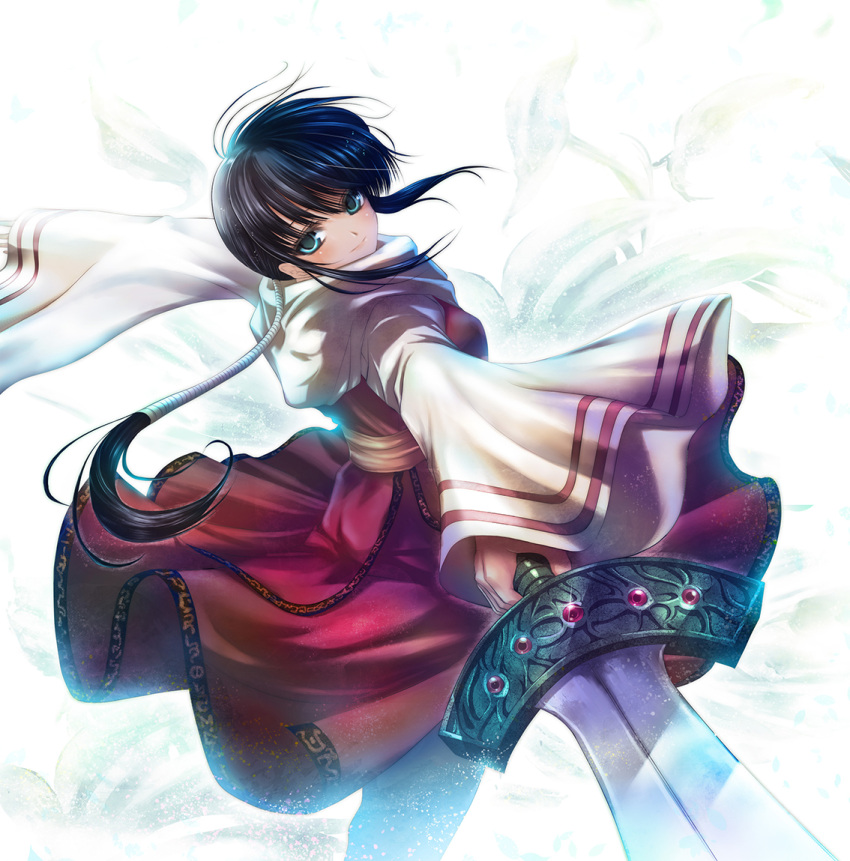 1girl, bangs, black_hair, blue_eyes, chinese_clothes, closed_mouth, floral_background, gem, headband, holding, holding_sword, holding_weapon, kingdom, kyoukai_(kingdom), long_hair, long_sleeves, looking_at_viewer, low_ponytail, outstretched_arms, ponytail, sash, scarf, sidelocks, smile, solo, spread_arms, sword, weapon, white_background, wide_sleeves, yukiomi_haku