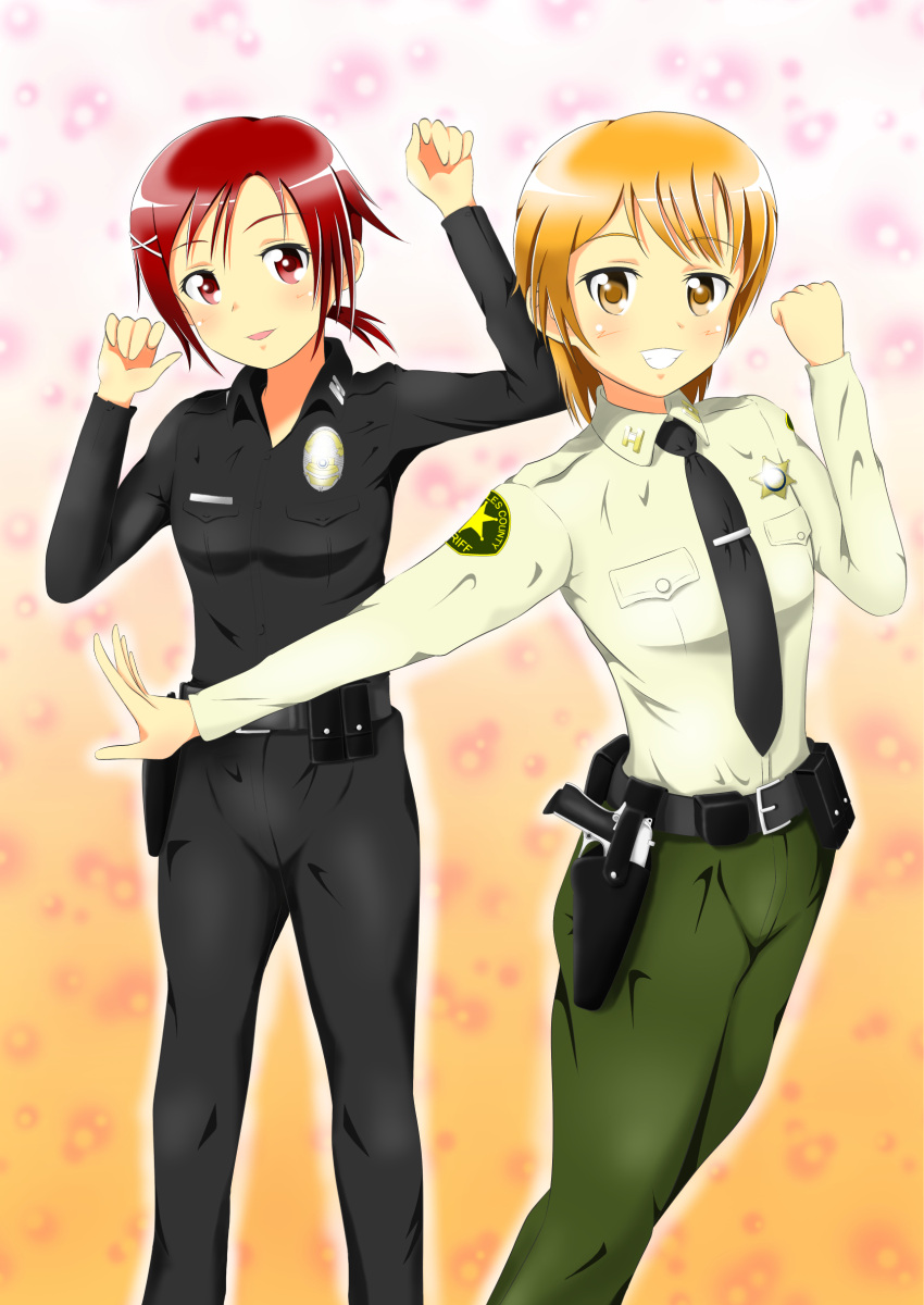 2girls, :d, absurdres, arms_up, black_necktie, cosplay, emblem, futari_wa_precure