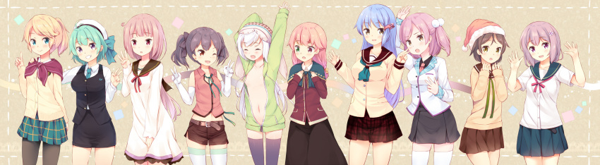 6+girls, :o, ahoge, arms_up, ayame_(komone_ushio), belt, beret, between_legs