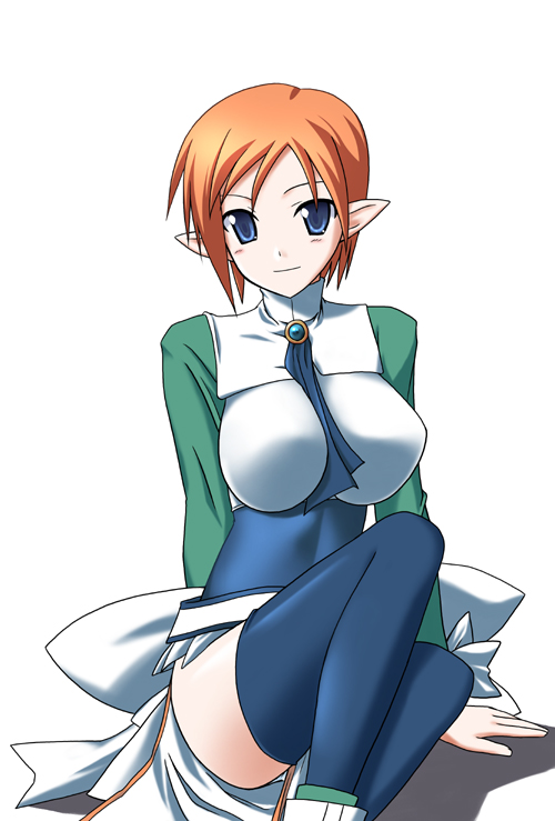 ascot, bangs, belt, between_breasts, blonde_hair, blue_eyes, blue_legwear, blush