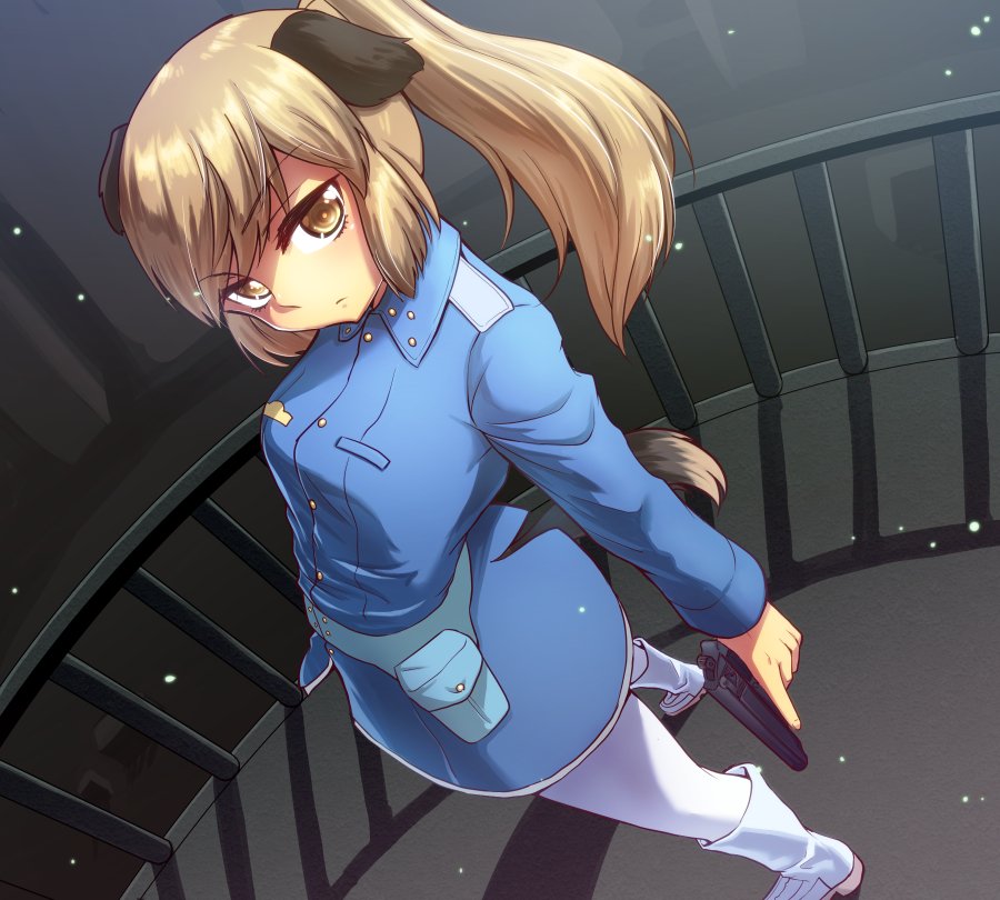 1girl, animal_ears, blonde_hair, gold_eyes, gun, laura_nissinen, liar_lawyer, military