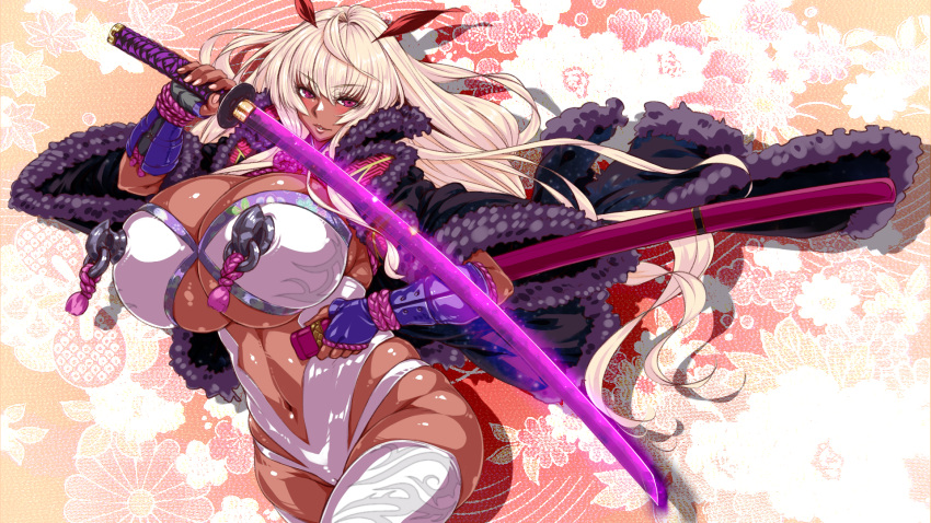 1girl, blonde_hair, breasts, cleavage, curvy, dark_skin, female, fingerless_gloves, flower, fur_trim, gloves, hayama_kazusa, highres, huge_breasts, itou_ittousai, itou_ittousai_(sengoku_bushouki_muramasa), katana, leotard, long_hair, looking_at_viewer, nail_polish, navel, parted_lips, red_eyes, sengoku_bushouki_muramasa, shiny, shiny_skin, skindentation, smile, solo, standing, sword, tan, thick_thighs, thigh-highs, thighs, under_boob, violet_eyes, wallpaper, weapon, white_legwear, wide_hips