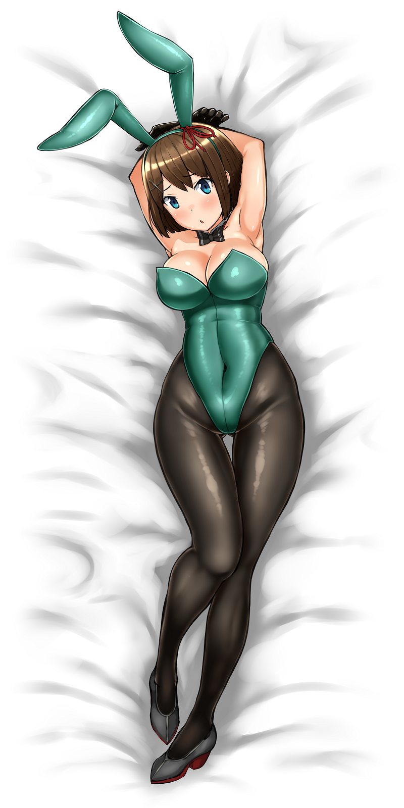 1girl, animal_ears, black_gloves, blue_eyes, bow, bowtie, brown_hair, bunnysuit
