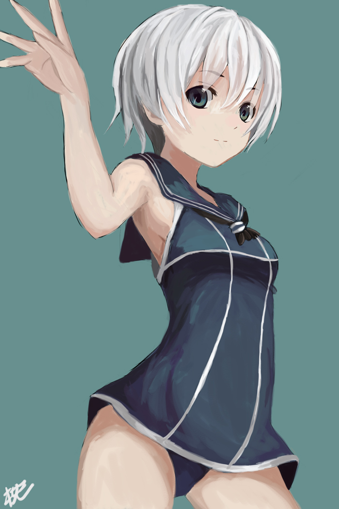 1girl, arm_up, armpits, bare_shoulders, dress, eyebrows, eyebrows_visible_through_hair, green_background