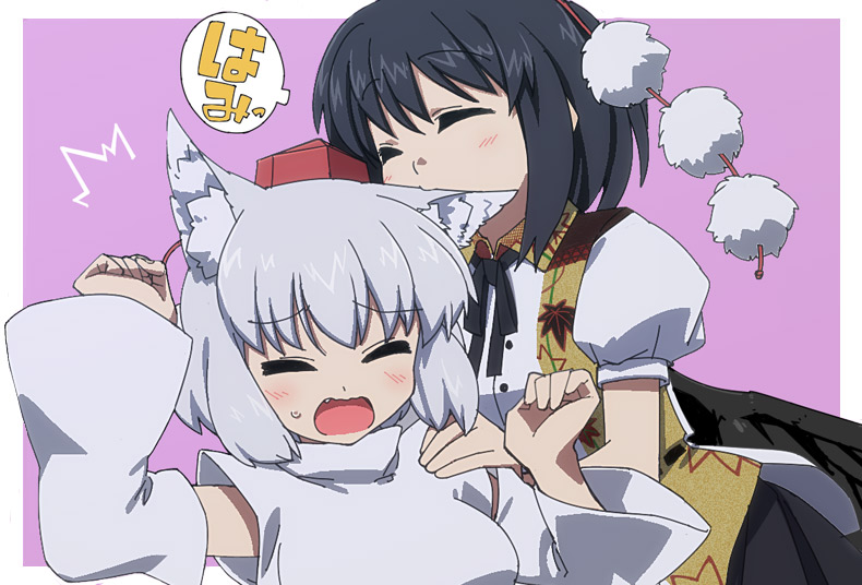 animal_ears, bite, biting, black_hair, closed_eyes, detached_sleeves, ear_biting, happy