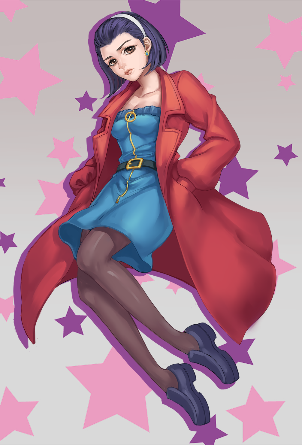 1girl, belt, blue_dress, breasts, brown_eyes, cleavage, coat, dress