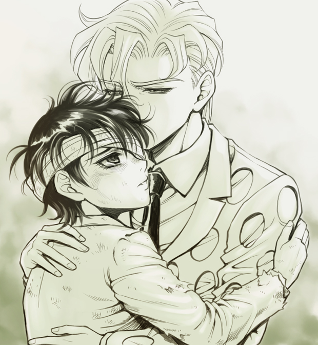 2boys, baitu, dirty, eyepatch, formal, hug, jojo_no_kimyou_na_bouken, male_focus