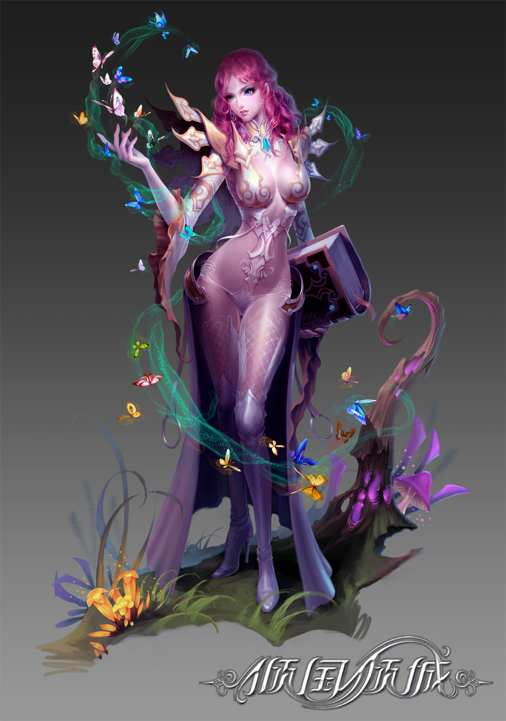1girl, artist_request, blue_eyes, book, breasts, butterfly, chinese, copyright_name, earrings, empress_dowager, gem, highres, jewelry, large_breasts, long_hair, mushroom, navel, revealing_clothes, simple_background, solo, standing, thigh-highs, wide_sleeves