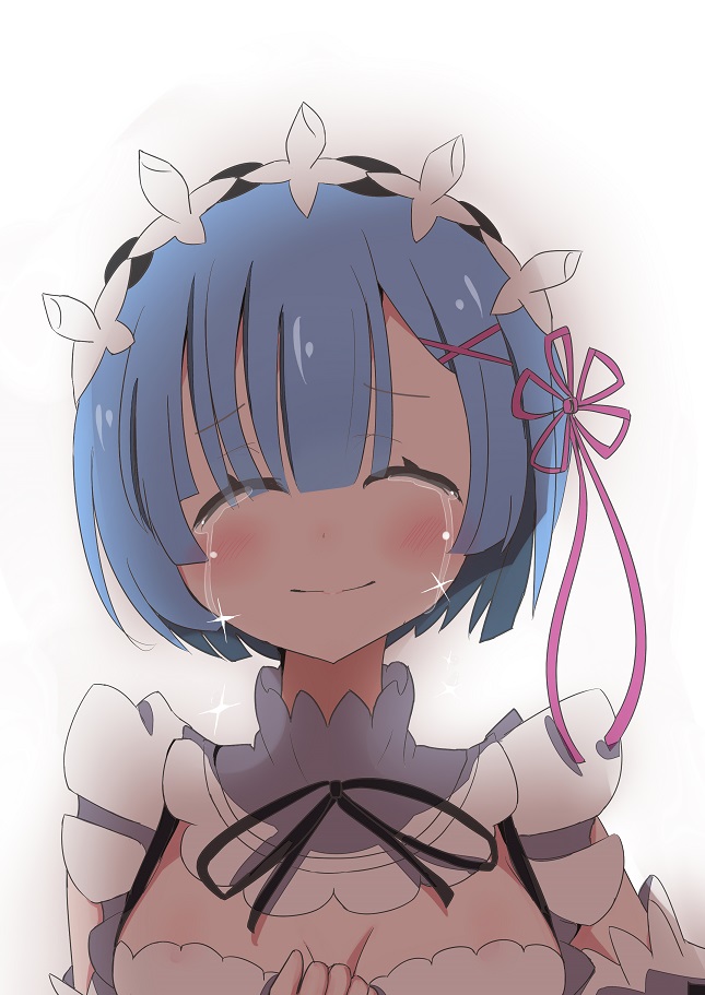 1girl, apron, blue_hair, blush, closed_eyes, crying, detached_collar, detached_sleeves