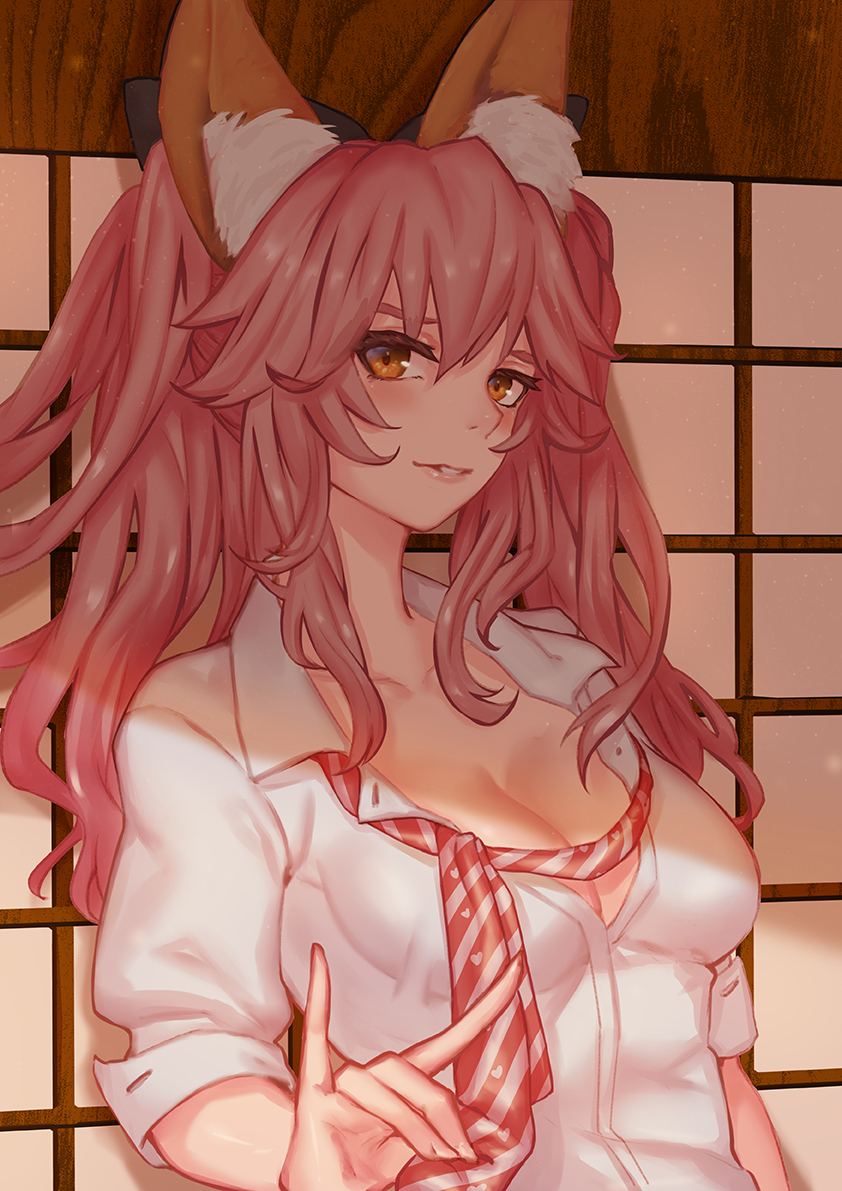 1girl, against_door, animal_ears, arm_at_side, black_bow, blush, bow, breasts