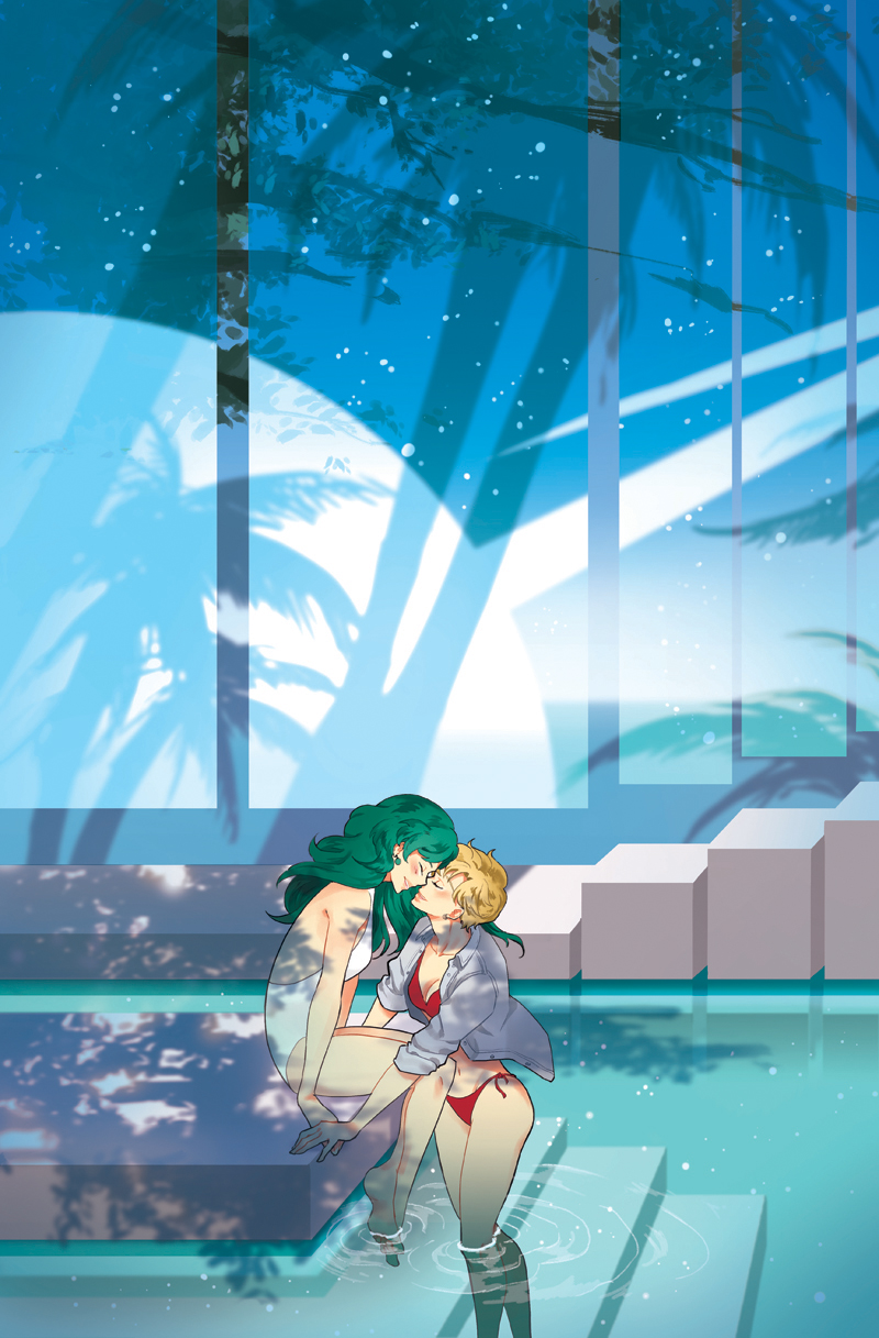 2girls, bikini, bishoujo_senshi_sailor_moon, blonde_hair, closed_eyes, couple, green_hair, hakuku
