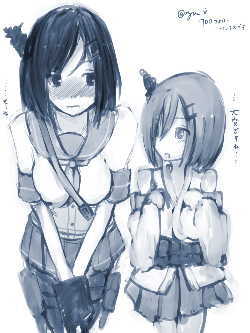 2girls, bare_shoulders, blush, breasts, cosplay, costume_switch, embarrassed, eyebrows, greyscale, hair_ornament, hair_over_one_eye, hamakaze_(kantai_collection), hamakaze_(kantai_collection)_(cosplay), highres, japanese_clothes, kantai_collection, kerchief, large_breasts, monochrome, multiple_girls, nontraditional_miko, pleated_skirt, ryu_(ahya), ryuu_(ahya), school_uniform, serafuku, short_hair, skirt, skirt_tug, sweat, sweatdrop, turret, yamashiro_(kantai_collection), yamashiro_(kantai_collection)_(cosplay)
