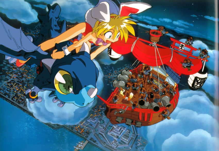 1girl, 90s, airship, animal_ears, aqua_eyes, blonde_hair, bunnysuit, dragon
