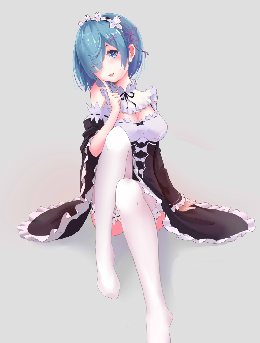 1girl, ;d, absurdres, alternate_legwear, arm_at_side, bare_shoulders, black_dress, black_ribbon