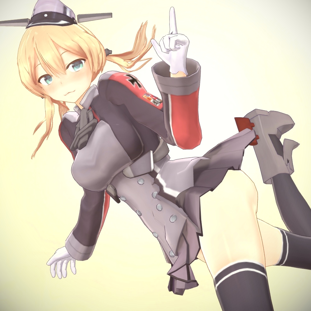1girl, 3d, breasts, gloves, grey_skirt, iron_cross, kantai_collection, large_breasts, mikumikudance, prinz_eugen_(kantai_collection), skirt, solo, thighs, umihara_(dasaider)