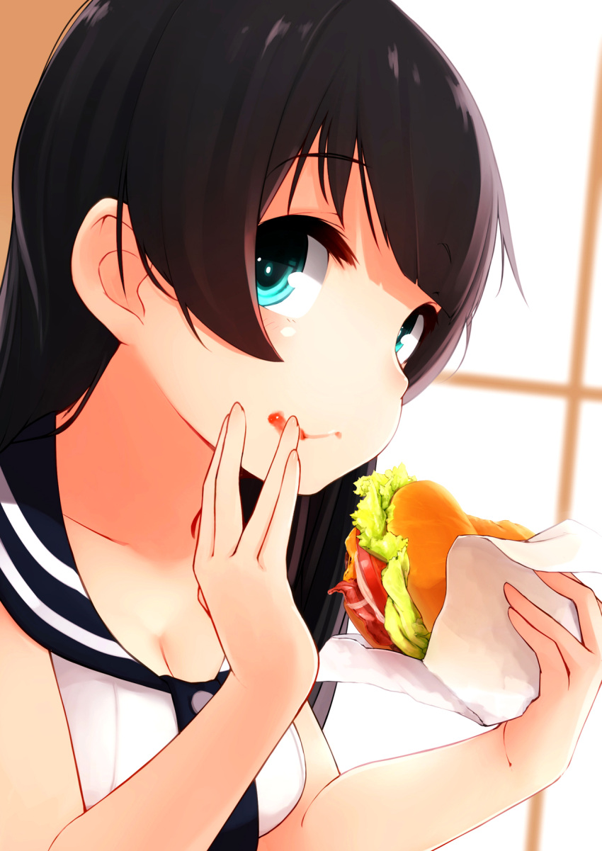 1girl, :<, agano_(kantai_collection), aqua_eyes, backlighting, bacon, bare_arms, bare_shoulders